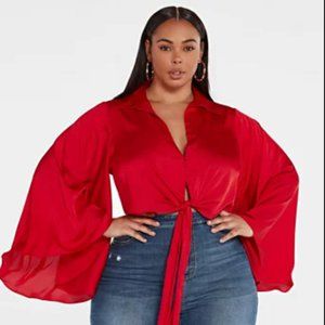 FTF ROSALIE SATIN BLOUSE WITH DRAMA SLEEVES
